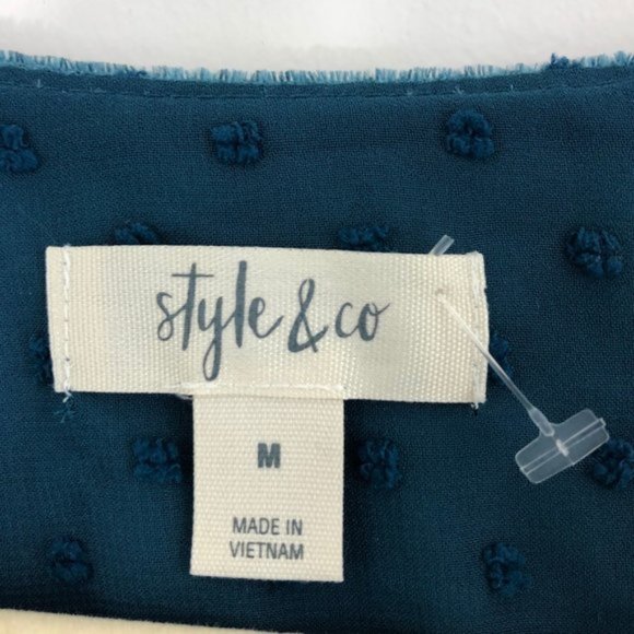 New Style & Co Velvet Eyelet Embroidered Swiss Dot Sheer Top Teal Size Medium - Picture 13 of 16